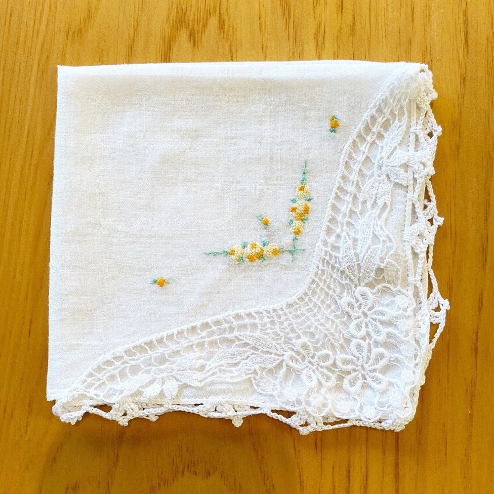 Vintage Handkerchief Hanky Embroidered Flowers Tatting Crochet Edge Linen 9.5"